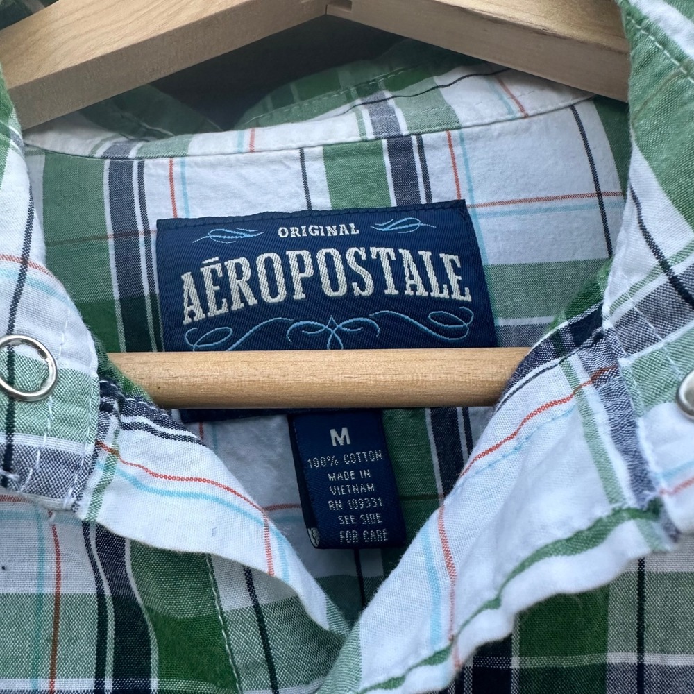 Aeropostale Plaid Western Pearl Snap Long Sleeve Shirt Green Sz Medium Retro Y2K - Picture 4 of 8
